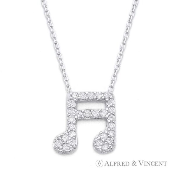 Music Note Charm CZ Crystal Pendant in .925 Sterling Silver w/ Rhodium - Picture 1 of 1